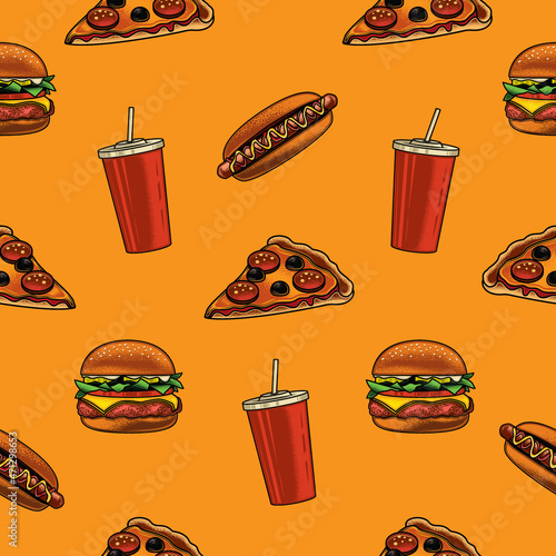 Original vector seamless pattern in vintage style. Vector set of fast food in vintage style on a yellow background. Burger, pizza, hot dog, glass of soda