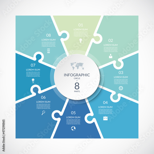 Infographic square template in puzzle style. Vector cycle diagram with 8 parts, options. Can be used for chart, graph, report, presentation, web design.