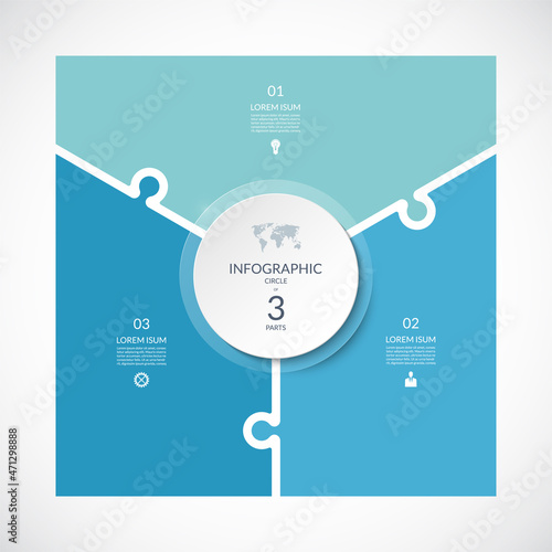 Infographic square template in puzzle style. Vector cycle diagram with 3 parts, options. Can be used for chart, graph, report, presentation, web design.