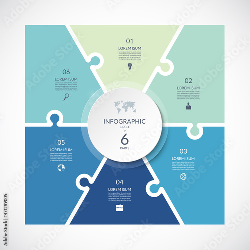 Infographic square template in puzzle style. Vector cycle diagram with 6 parts, options. Can be used for chart, graph, report, presentation, web design.