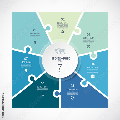 Infographic square template in puzzle style. Vector cycle diagram with 7 parts, options. Can be used for chart, graph, report, presentation, web design.
