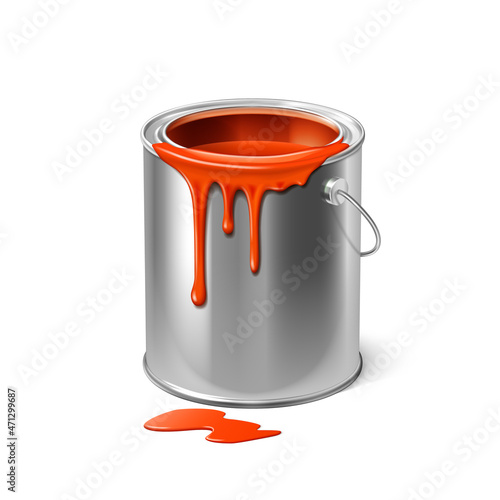 Paint Dripping Down From Bucket Package Vector. Paint Spilling From Blank Metallic Container. Painter Liquid For Make Renovation, Artist Accessory For Painting Template Realistic 3d Illustration