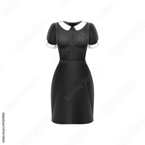 Dress black female. Long mockup. Elegance adult. Beauty model dress. 3d realistic vector