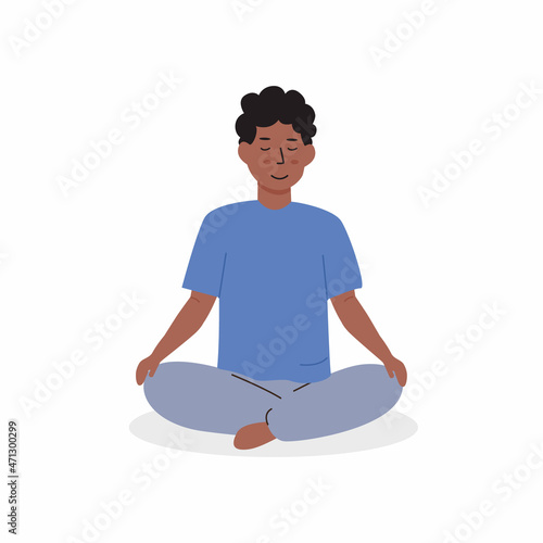 African black skin boy sitting on floor and meditating. Child or teen doing yoga exercise. Meditation lesson in school concept. Vector flat illustration character isolated on white background.