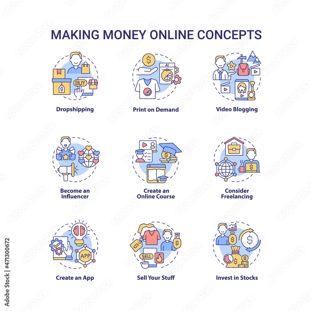 Making money online concept icons set. Digital entrepreneurship idea thin line color illustrations. Video blogging. Create online course. Freelancing. Vector isolated outline drawings. Editable stroke Making money online concept icons set. Digital entrepreneurship idea thin line color illustrations. Video blogging. Create online course. Freelancing. Vector isolated outline drawings. Editable stroke