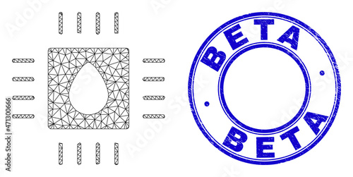 Web carcass liquid processor pictogram with Beta stamp. Blue vector rounded distress seal with Beta phrase inside. Abstract carcass mesh polygonal model created from liquid processor pictogram.