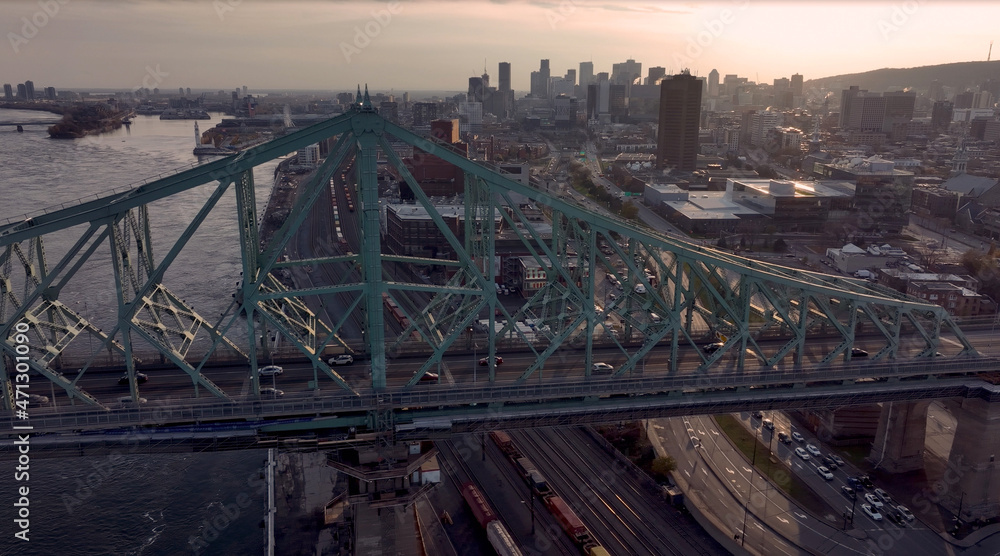 Aerial picture of Pont Jacques Cartier at dusk in Montreal city
