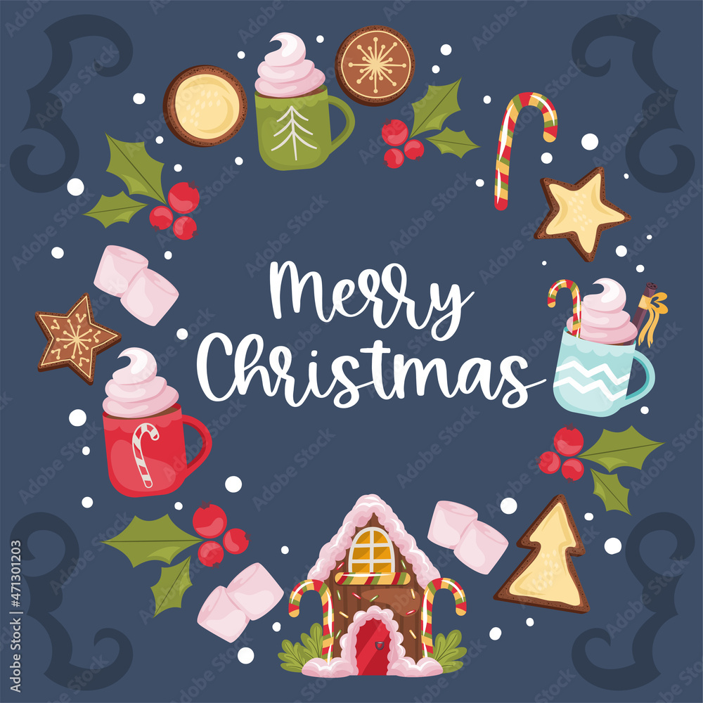 Christmas round design with text merry christmas, gingerbread house. Gingerbread cookie, cocoa with marshmallow and lollipop for holiday decorations. Vector illustration.