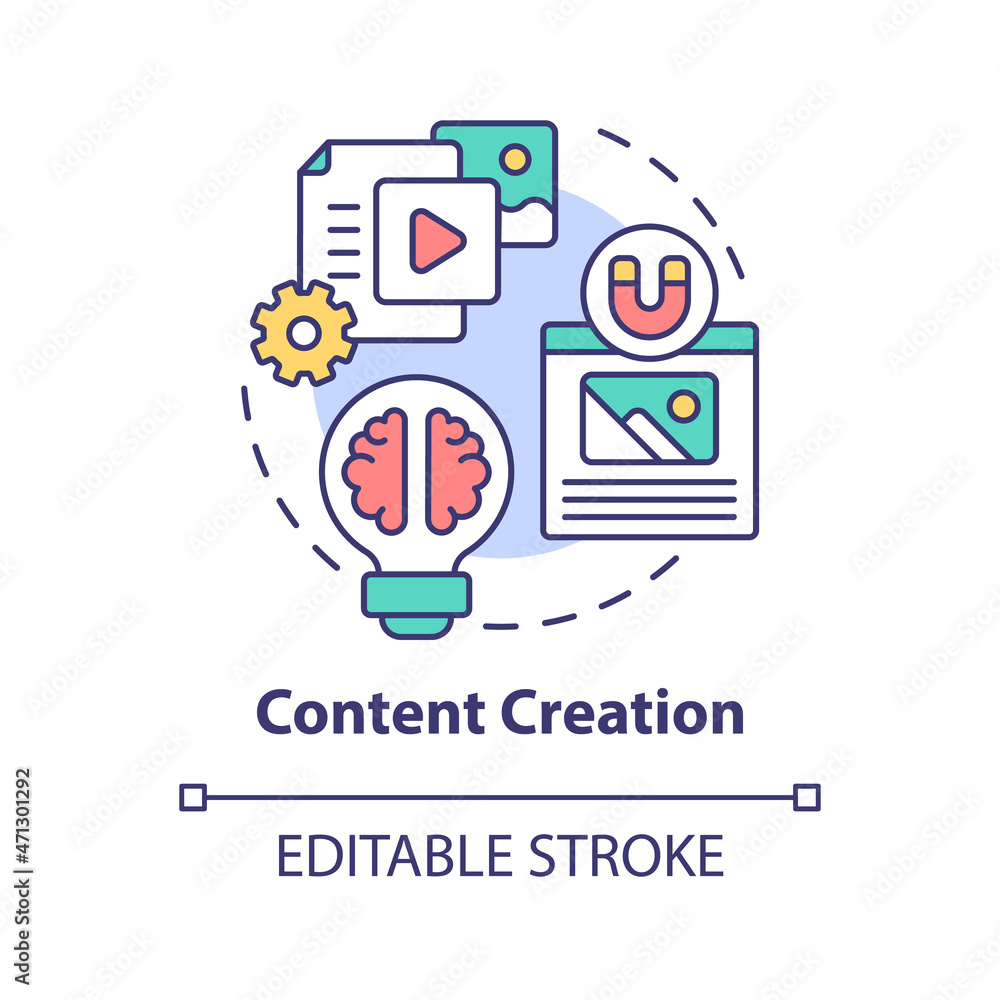 Content creation concept icon. Online entrepreneur skill abstract idea thin line illustration. Increase audience engagement. Digital marketing. Vector isolated outline color drawing. Editable stroke Content creation concept icon. Online entrepreneur skill abstract idea thin line illustration. Increase audience engagement. Digital marketing. Vector isolated outline color drawing. Editable stroke