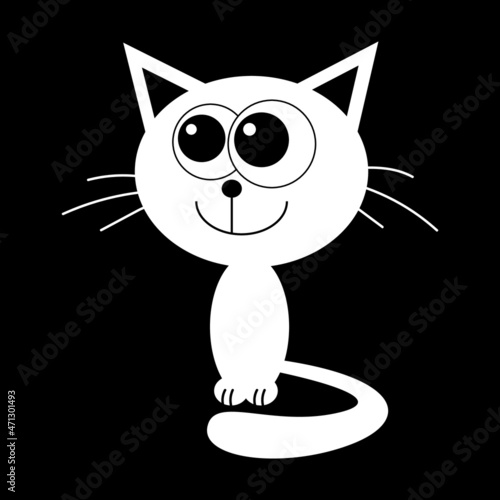 Cute white  cat cartoon isolated icon on black background. Vector illustration.