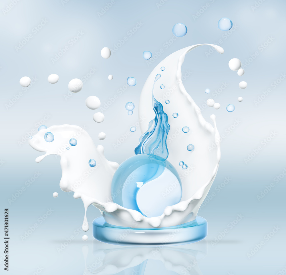 Obraz premium Blue ball water in milk splashing, milk cosmetics, skin care cosmetic product, abstract background 3d rendering.