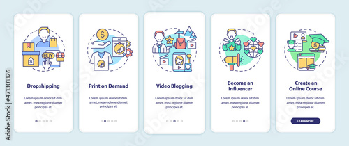 Ways to make money online onboarding mobile app page screen. Print on demand walkthrough 5 steps graphic instructions with concepts. UI, UX, GUI vector template with linear color illustrations