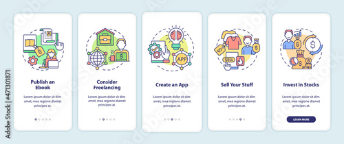Methods to make money online onboarding mobile app page screen. Publish ebook walkthrough 5 steps graphic instructions with concepts. UI, UX, GUI vector template with linear color illustrations
