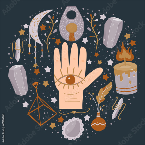 Circular esoteric design with all-seeing eye, amulets.Candles, crystals, talismans for witchcraft and reading of bereaved. Occult and clairvoyance set of objects. Vector illustration in flat style
