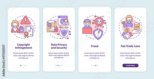 Online entrepreneurship risks onboarding mobile app page screen. Data privacy walkthrough 4 steps graphic instructions with concepts. UI, UX, GUI vector template with linear color illustrations