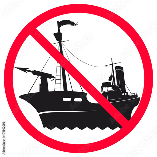 Crossed out whaling ship icon. Prohibition of hunting and fishing for whales in the ocean