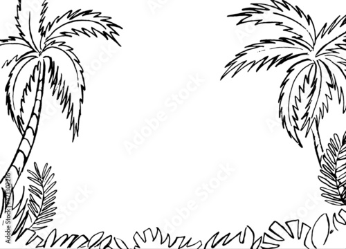 Black outline of palm trees and tropical plants on a white background