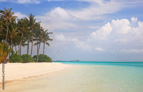 Fototapeta Naklejka Na Ścianę i Meble -  Idyllic Beach with Palm Trees at the Maldives, Indian Ocean