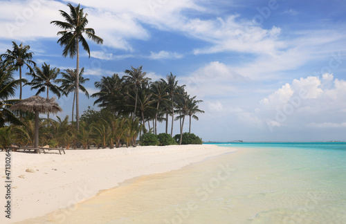 Idyllic Beach with Palm Trees at the Maldives  Indian Ocean