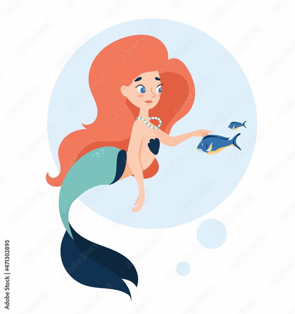 Cute illustration of a mermaid with a fish. Cute fairy tale character in cartoon style. Vector illustration. Cute illustration of a mermaid with a fish. Cute fairy tale character in cartoon style. Vector illustration.