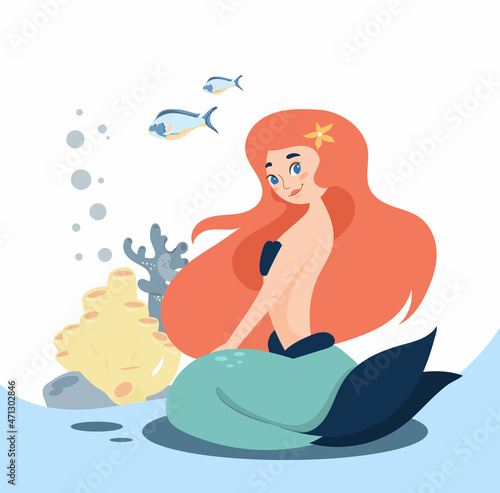 Cute illustration of a mermaid with fish and corals. Cute fairy tale character in cartoon style. Vector illustration.