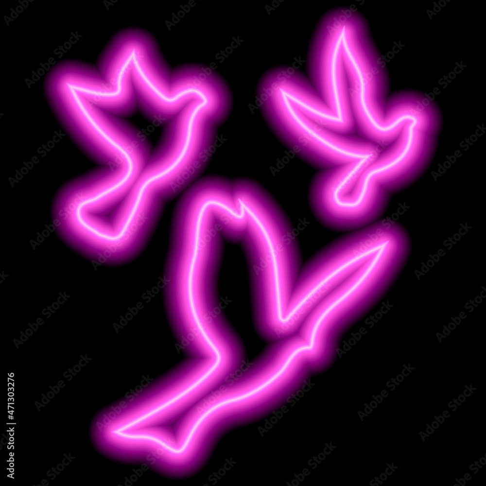 Pink neon silhouettes of three birds flying in the sky on black. Freedom, flight, upward movement Pink neon silhouettes of three birds flying in the sky on black. Freedom, flight, upward movement