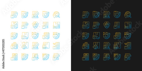 International shipping gradient icons set for dark and light mode. Worldwide cargo delivering. Thin line contour symbols bundle. Isolated vector outline illustrations collection on black and white