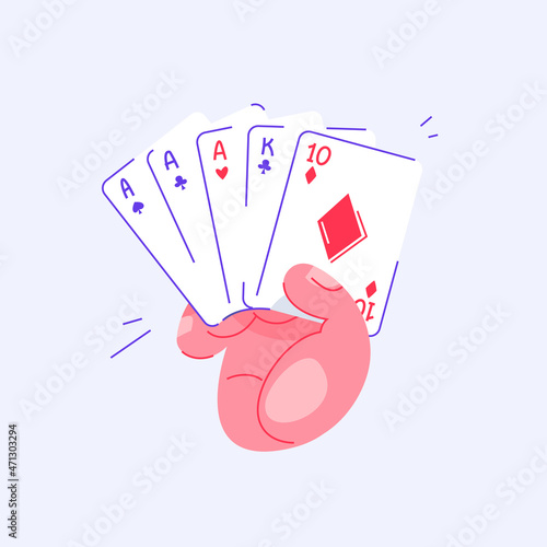 Hand holding playing cards. Three of a Kind in poker. Pastime with friends. Family table leisure games. Sports and recreation. Isolated background.