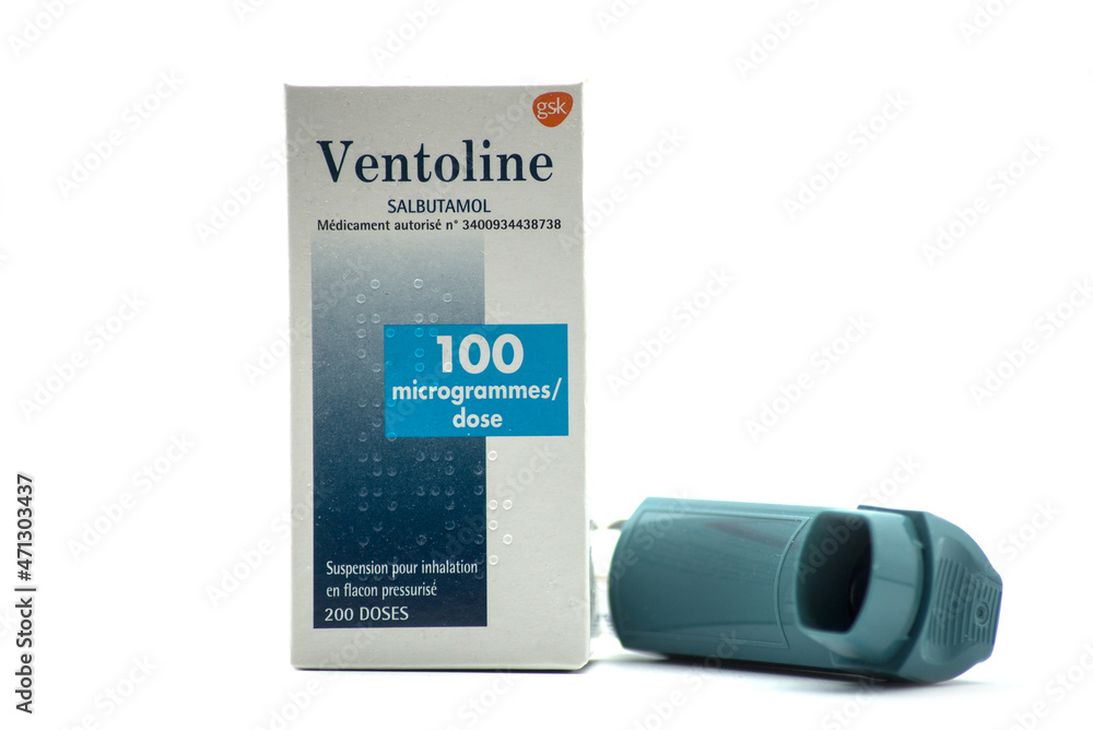 Mulhouse - France - 25 November 2021 - Closeup of Ventoline asthma aerosol  inhaler on white background Photos | Adobe Stock