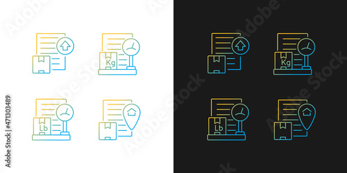 Shipment documents gradient icons set for dark and light mode. International trade papers. Thin line contour symbols bundle. Isolated vector outline illustrations collection on black and white