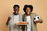 Two Excited Black Guys Holding Soccer Ball And Box With Italian Pizza