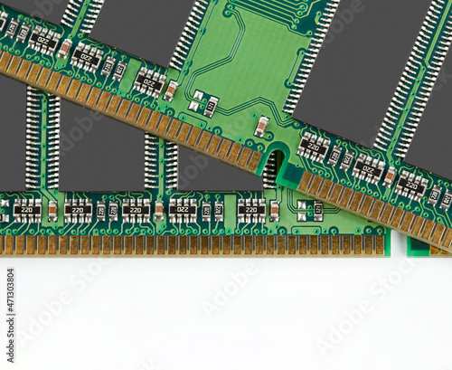 RAM memory. Chip close up , microelectronics , RAM macro , computer circuit on a white background. Operative memory for notebook or laptop computer, monoblock, isolated on white background 