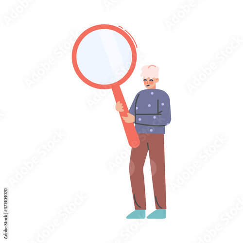 Puzzled Man Character Holding Huge Magnifying Glass Asking Question Searching for Answer Vector Illustration © topvectors