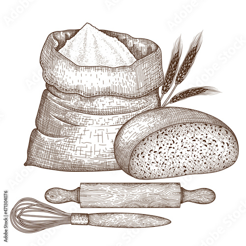 Vector illustration graphic flour bag, bread, rolling pin, whisk and spikelets