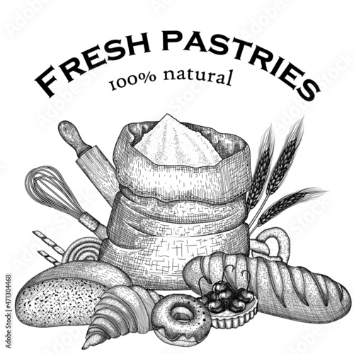 Vector graphic illustration of a banner for a bakery. Flour bag, spikelets, whisk, rolling pin, pastries, dessert, bread, grissini, donut, croissant, tartlet