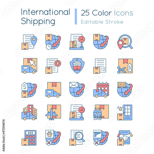 International shipping business RGB color icons set. Worldwide delivering of cargoes, parcels and mail. Isolated vector illustrations. Simple filled line drawings collection. Editable stroke