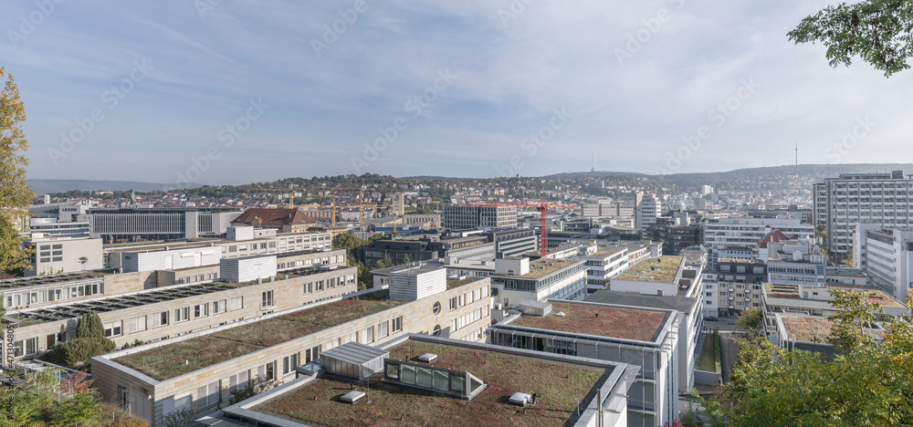 aerial cityscape with grass roofs of northern part of the town, Stuttgart