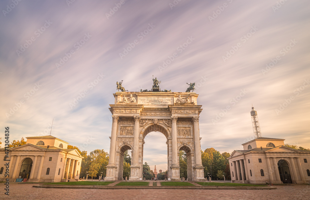 Arco della Pace - Peace Arch in autumn in Milan, Italy. Long Exposure.
