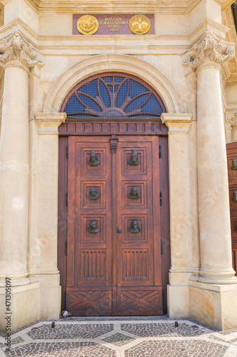 Old door with an interesting ornament, close-up.