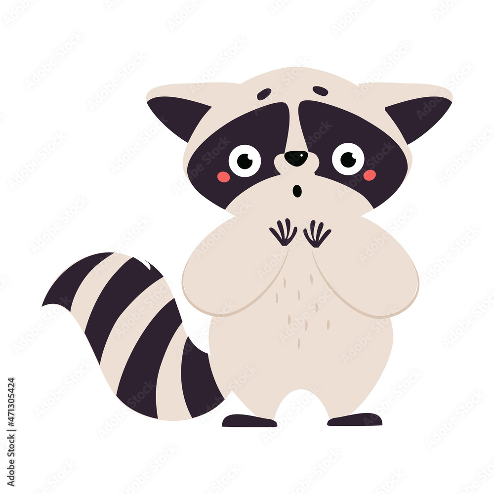Naklejka premium Cute Raccoon Character with Ringed Tail Showing Surprised Emotion Vector Illustration