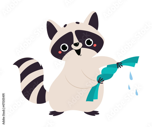 Cute Raccoon Character with Ringed Tail Wringing out Wet Clothes Vector Illustration