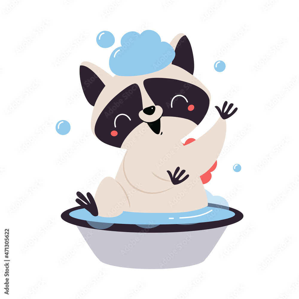 Cute Raccoon Character with Ringed Tail Bathing in Wash Basin Vector Illustration Cute Raccoon Character with Ringed Tail Bathing in Wash Basin Vector Illustration