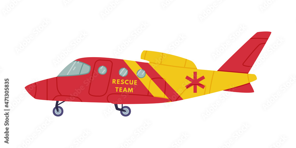 Red and Yellow Aircraft as Rescue Equipment and Emergency Vehicle for Urgent Saving of Life Vector Illustration Red and Yellow Aircraft as Rescue Equipment and Emergency Vehicle for Urgent Saving of Life Vector Illustration