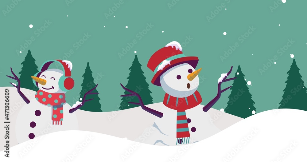 Digital composite image of decorated snowmen against trees at night during winter