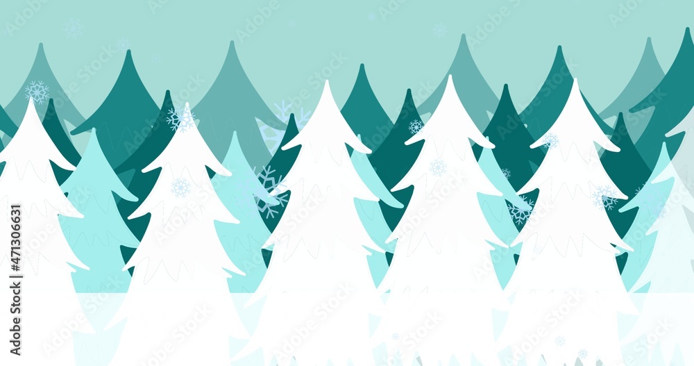Snow covered white pine trees in frozen forest during winter