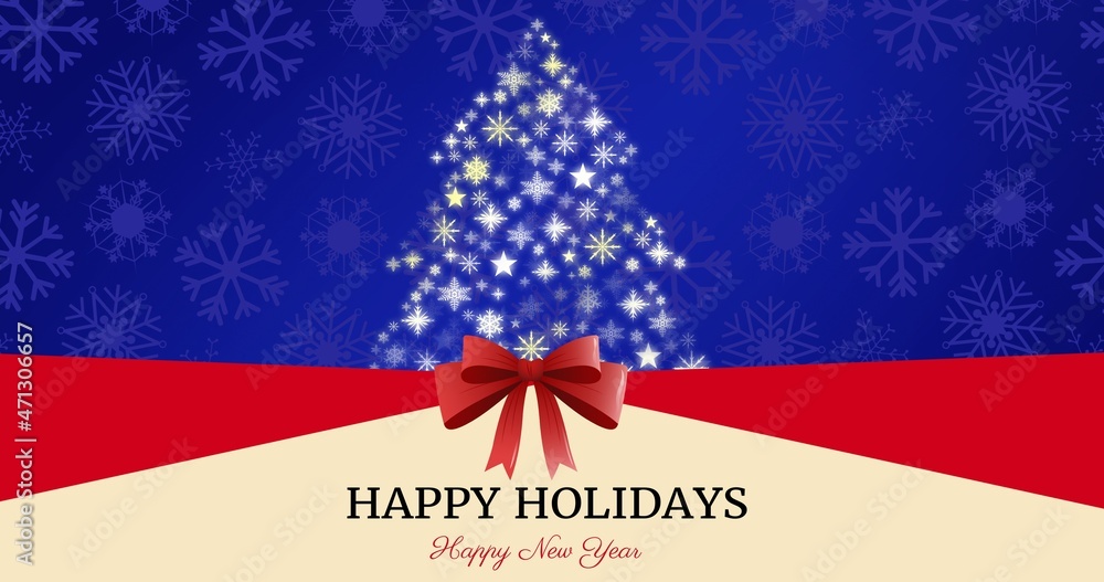 Happy holidays and new year greeting card with ribbon and illuminated christmas tree