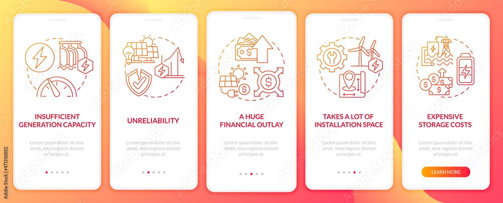 Trouble with renewable power onboarding mobile app page screen. Storage costs walkthrough 5 steps graphic instructions with concepts. UI, UX, GUI vector template with linear color illustrations