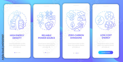 Nuclear energy benefits onboarding mobile app page screen. Zero carbon emissions walkthrough 4 steps graphic instructions with concepts. UI, UX, GUI vector template with linear color illustrations