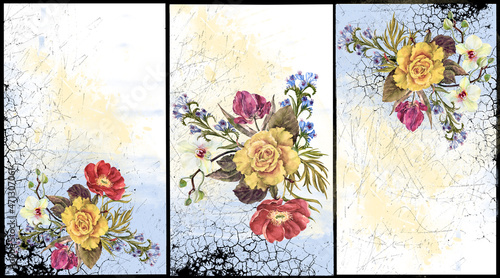 Watercolor three bouquets flower on grunge background.