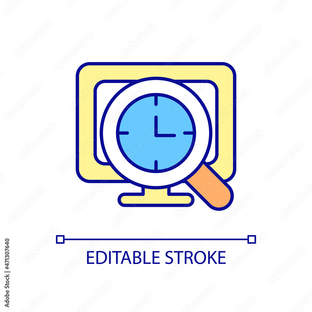 Track online time RGB color icon. Computer software for surveillance and system management. Information technologies. Isolated vector illustration. Simple filled line drawing. Editable stroke Track online time RGB color icon. Computer software for surveillance and system management. Information technologies. Isolated vector illustration. Simple filled line drawing. Editable stroke